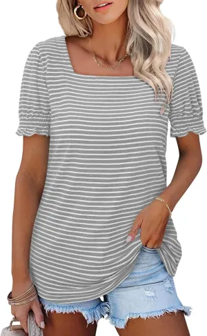 CRAZY GRID Womens Trendy Summer Tops Puff Sleeve Loose Fit Shirts Dressy Casual Blouses