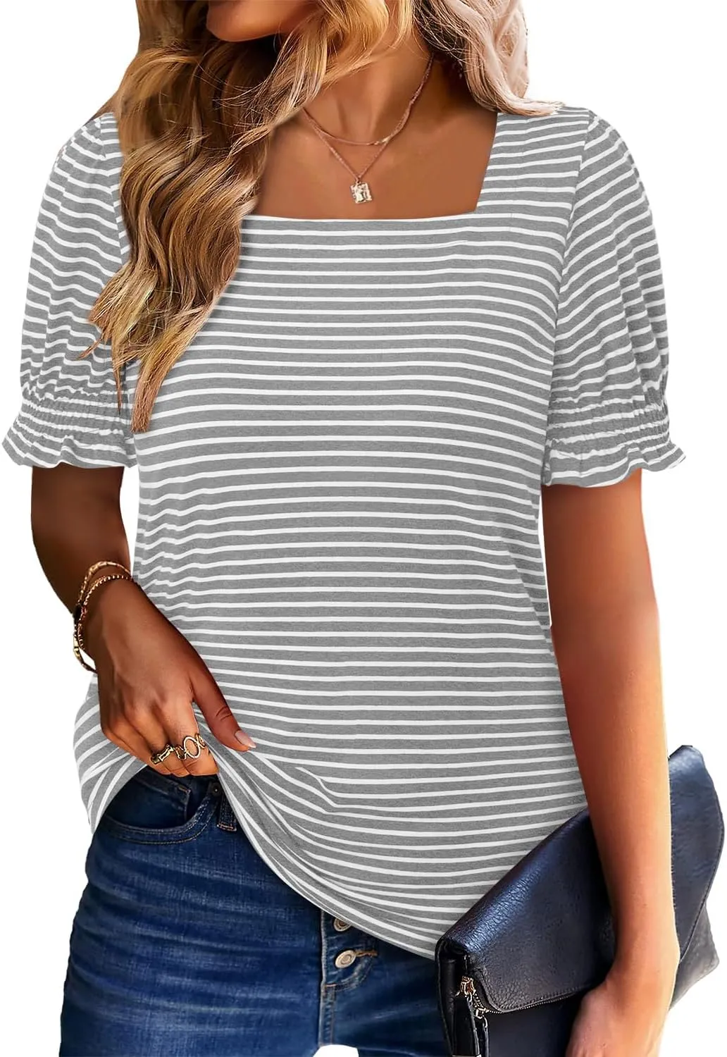 CRAZY GRID Womens Trendy Summer Tops Puff Sleeve Loose Fit Shirts Dressy Casual Blouses