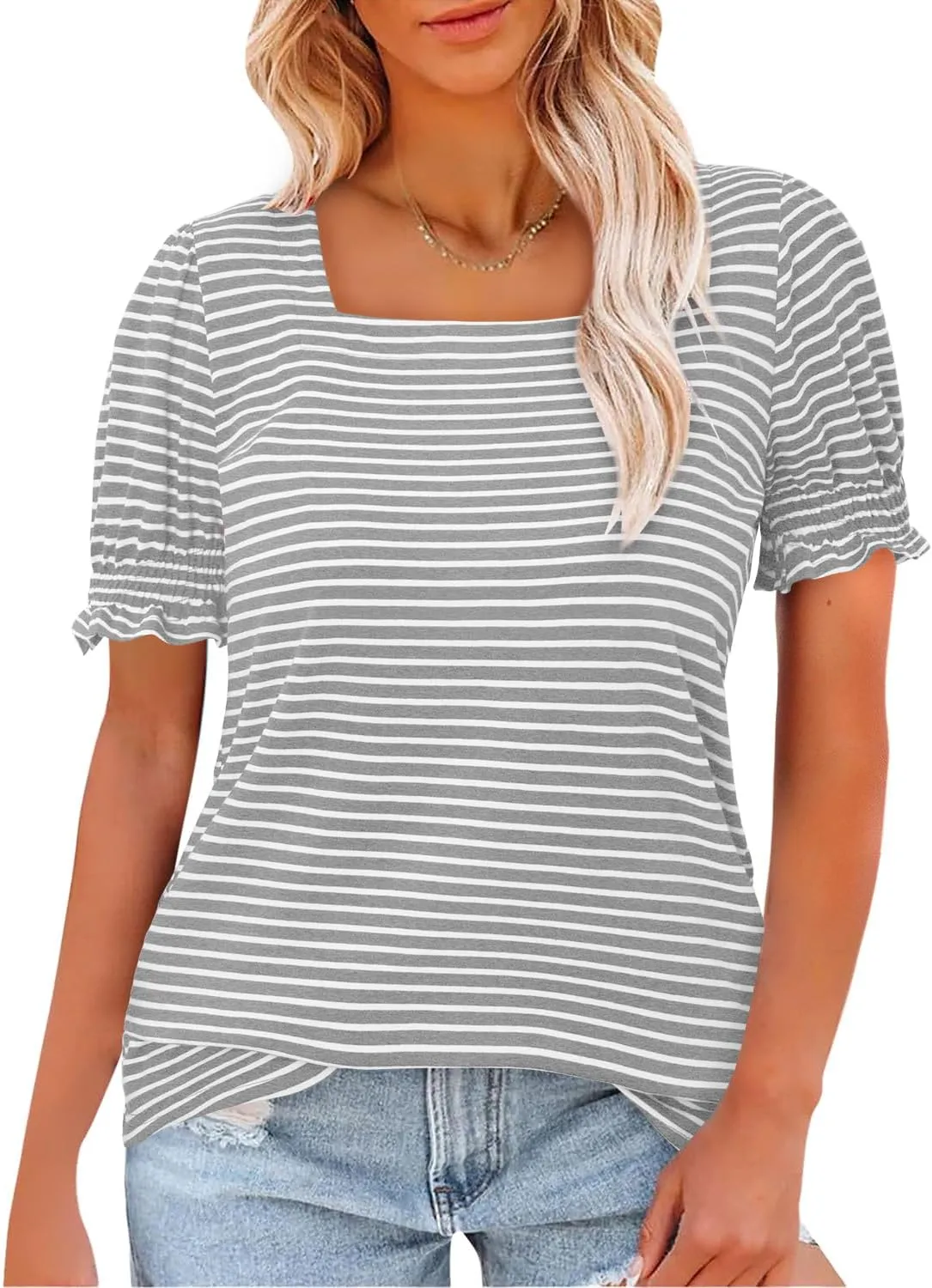CRAZY GRID Womens Trendy Summer Tops Puff Sleeve Loose Fit Shirts Dressy Casual Blouses