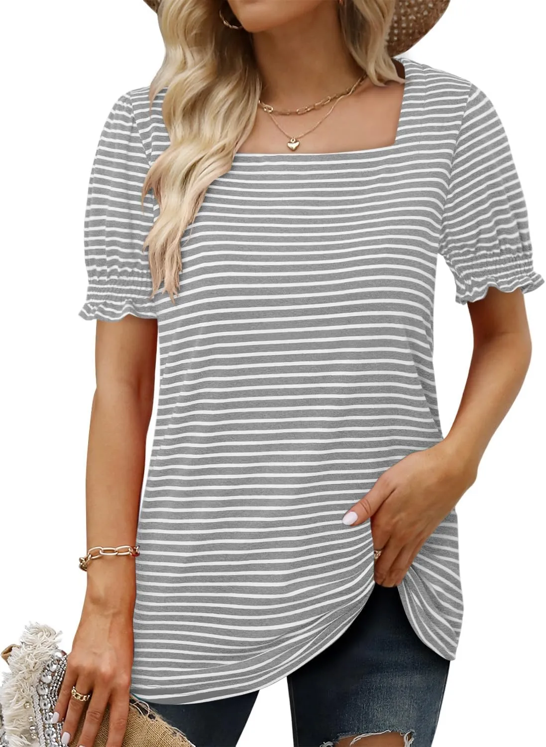 CRAZY GRID Womens Trendy Summer Tops Puff Sleeve Loose Fit Shirts Dressy Casual Blouses