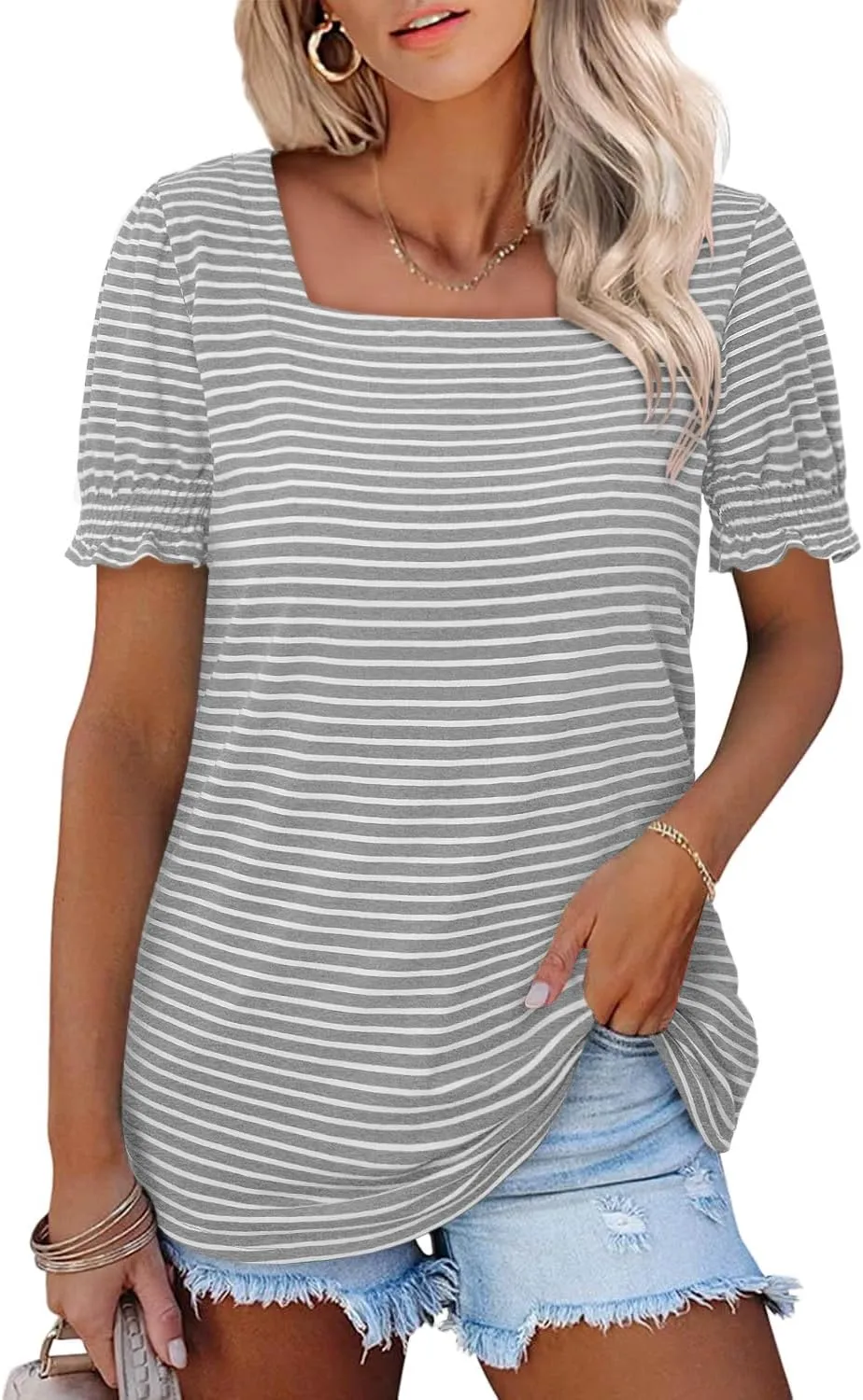 CRAZY GRID Womens Trendy Summer Tops Puff Sleeve Loose Fit Shirts Dressy Casual Blouses