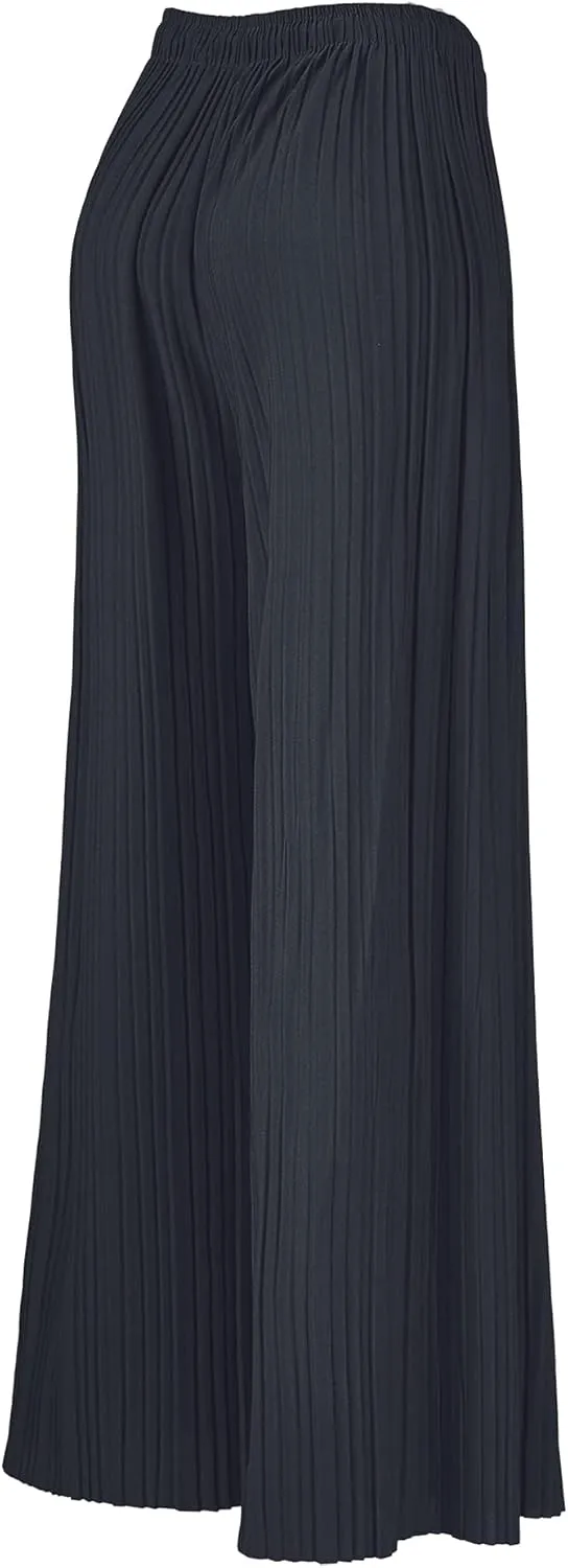 Lock and Love Womens Pleated Wide Leg Palazzo Maxi Pants with Drawstring or Elastic Band
