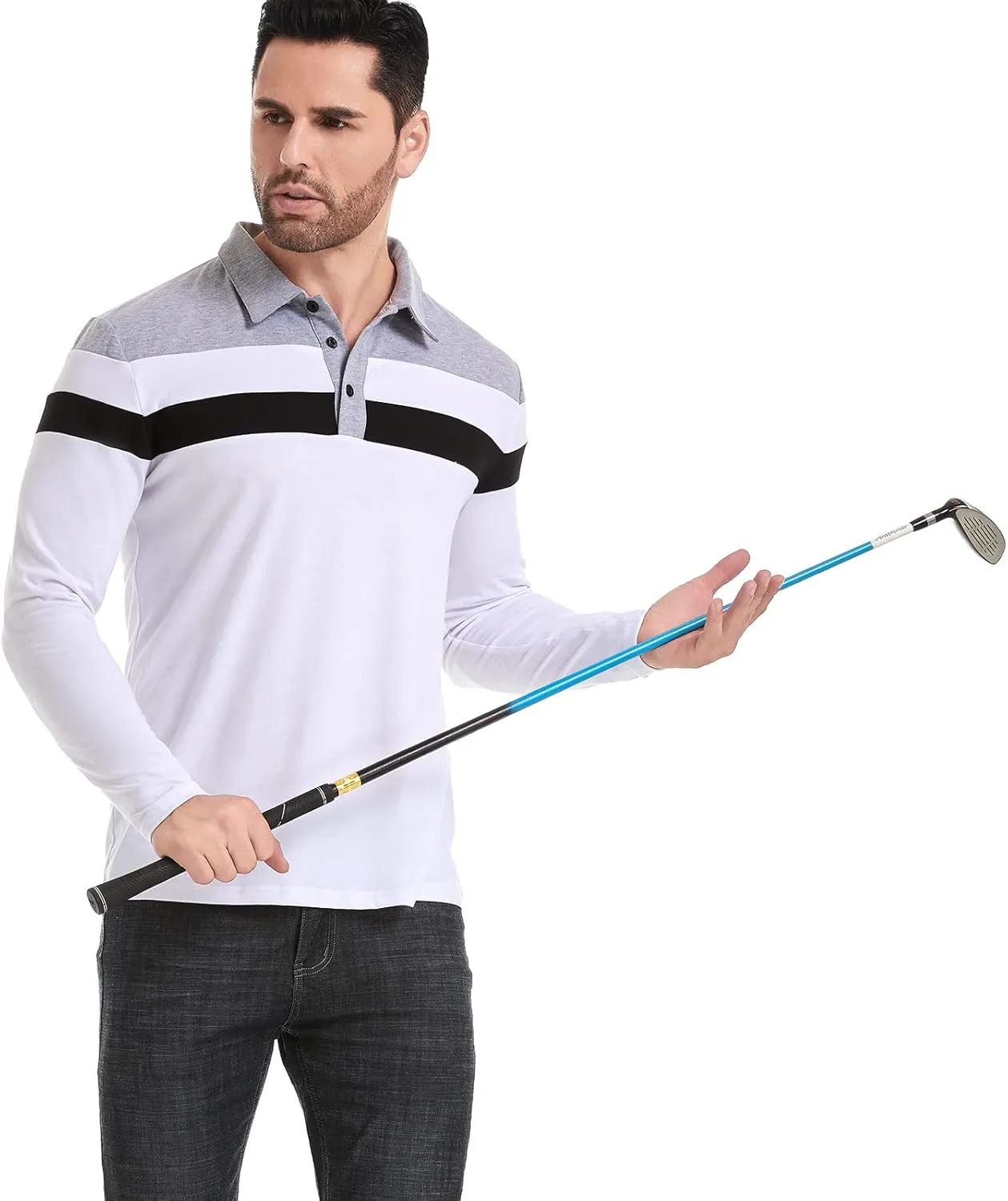 MANSDOUR Men's Polo Shirts Casual Cotton Slim Fit Long Sleeve and Short Sleeve Polo Shirt Patchwork Collared Work Golf Shirt