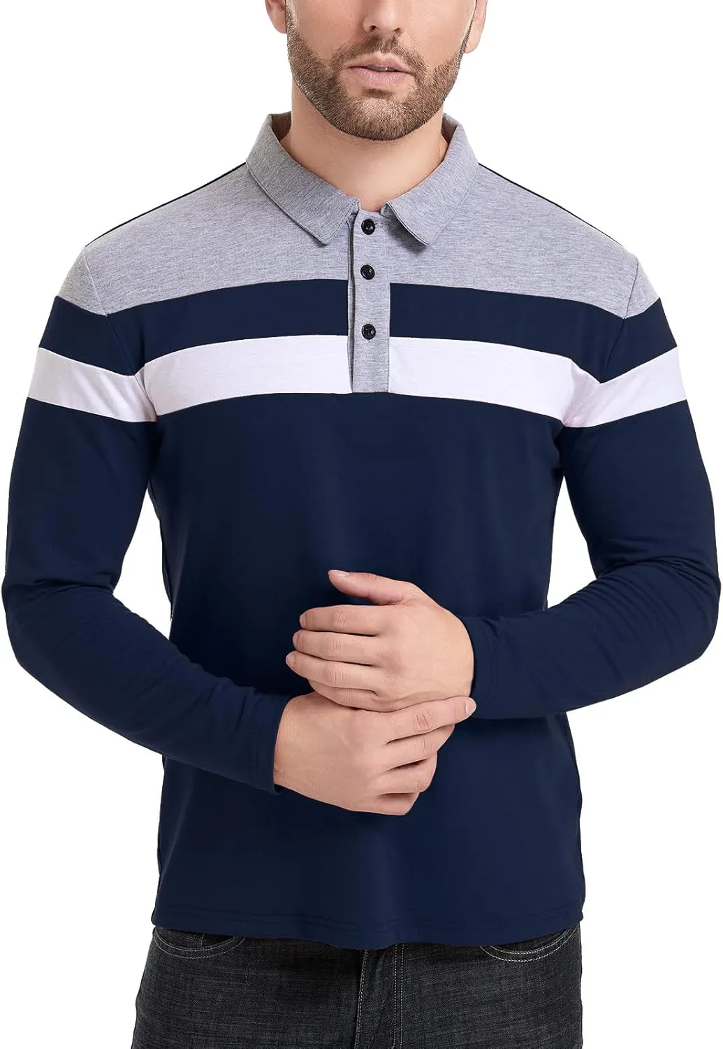 MANSDOUR Men's Polo Shirts Casual Cotton Slim Fit Long Sleeve and Short Sleeve Polo Shirt Patchwork Collared Work Golf Shirt