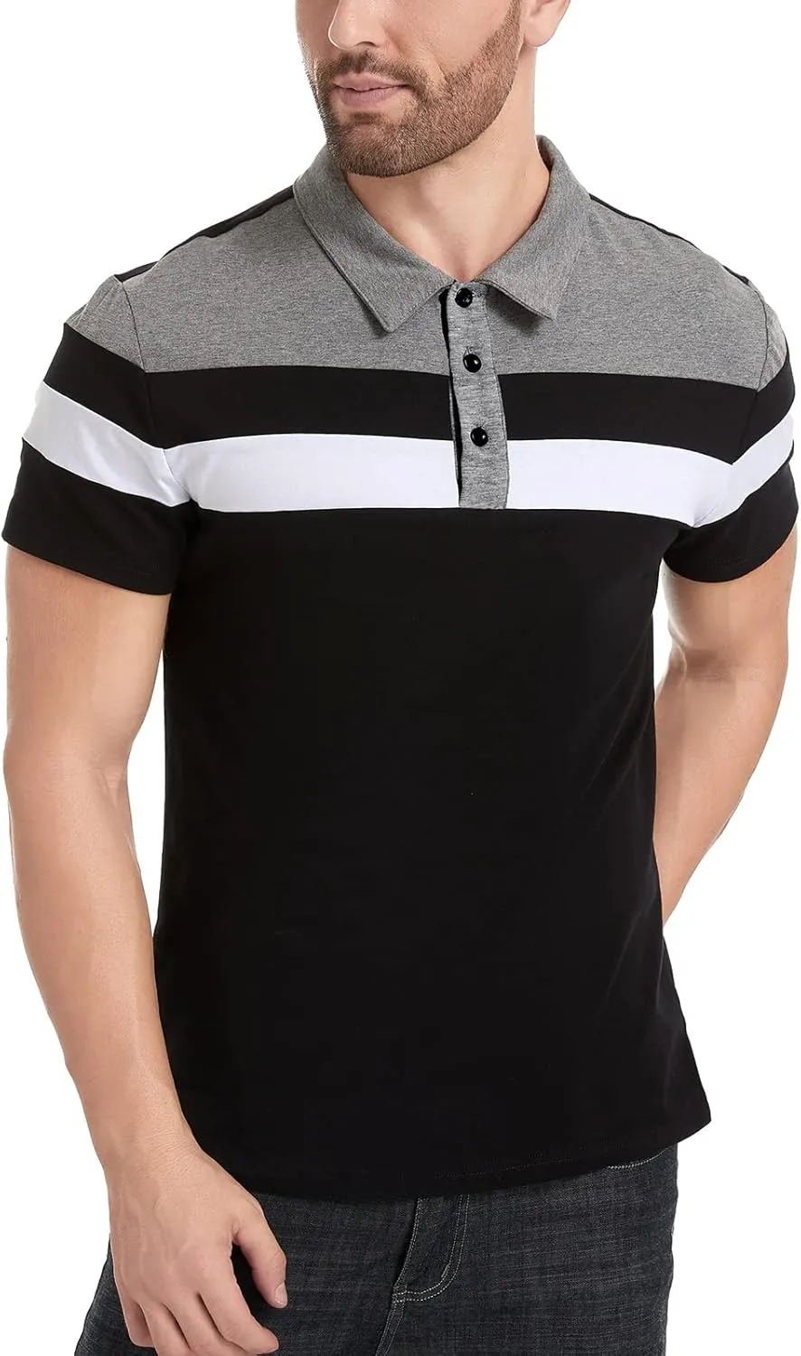 MANSDOUR Men's Polo Shirts Casual Cotton Slim Fit Long Sleeve and Short Sleeve Polo Shirt Patchwork Collared Work Golf Shirt