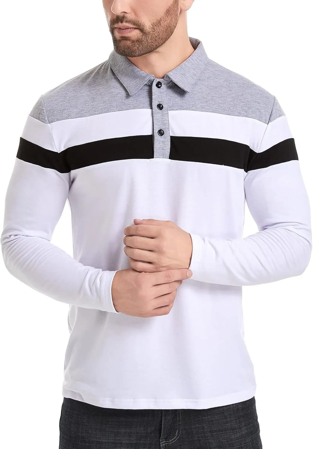 MANSDOUR Men's Polo Shirts Casual Cotton Slim Fit Long Sleeve and Short Sleeve Polo Shirt Patchwork Collared Work Golf Shirt