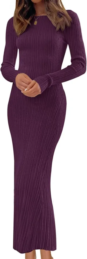 MEROKEETY Women's 2025 Long Sleeve Bodycon Sweater Dress Fall Crew Neck Ribbed Knit Maxi Dresses