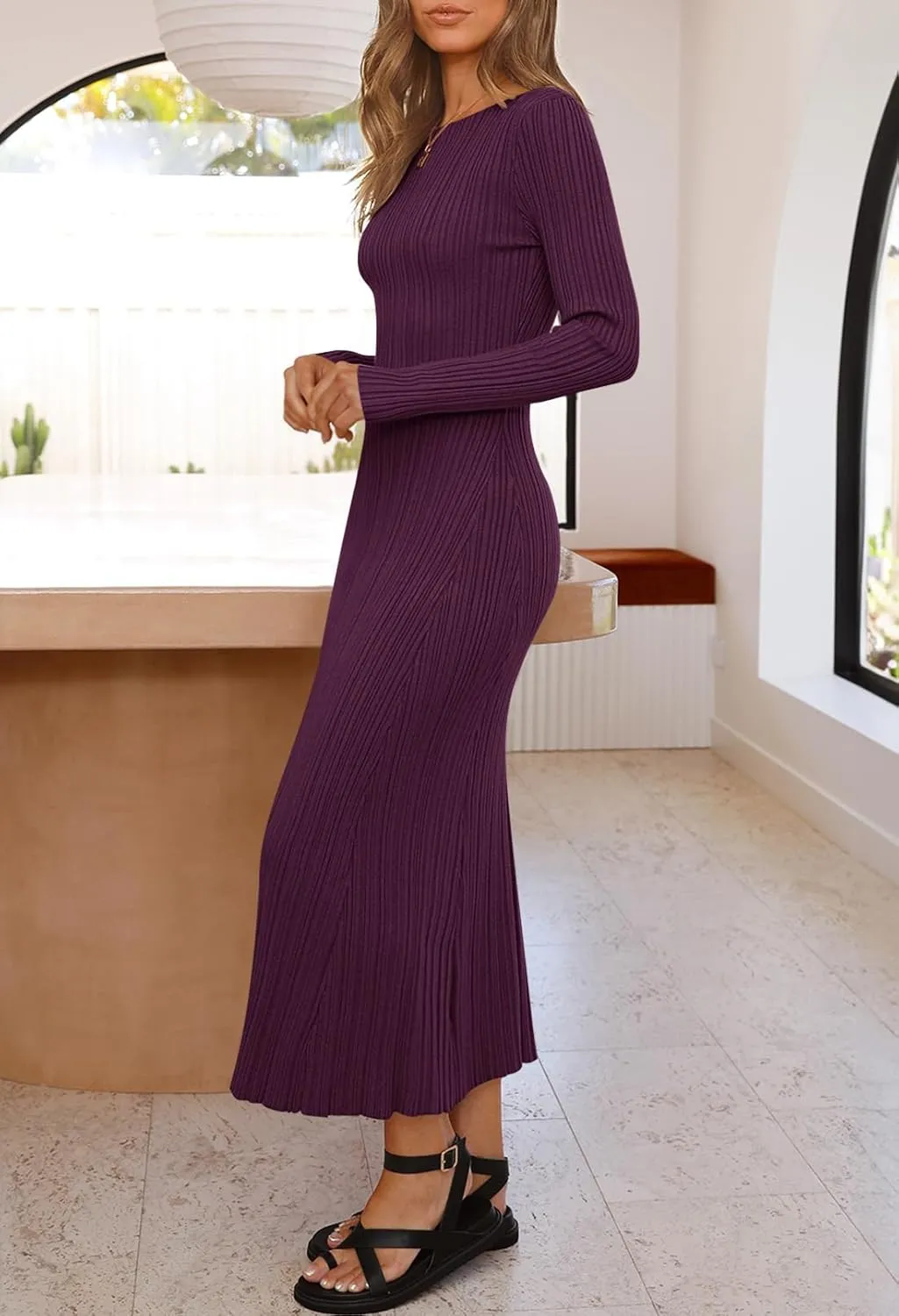 MEROKEETY Women's 2025 Long Sleeve Bodycon Sweater Dress Fall Crew Neck Ribbed Knit Maxi Dresses