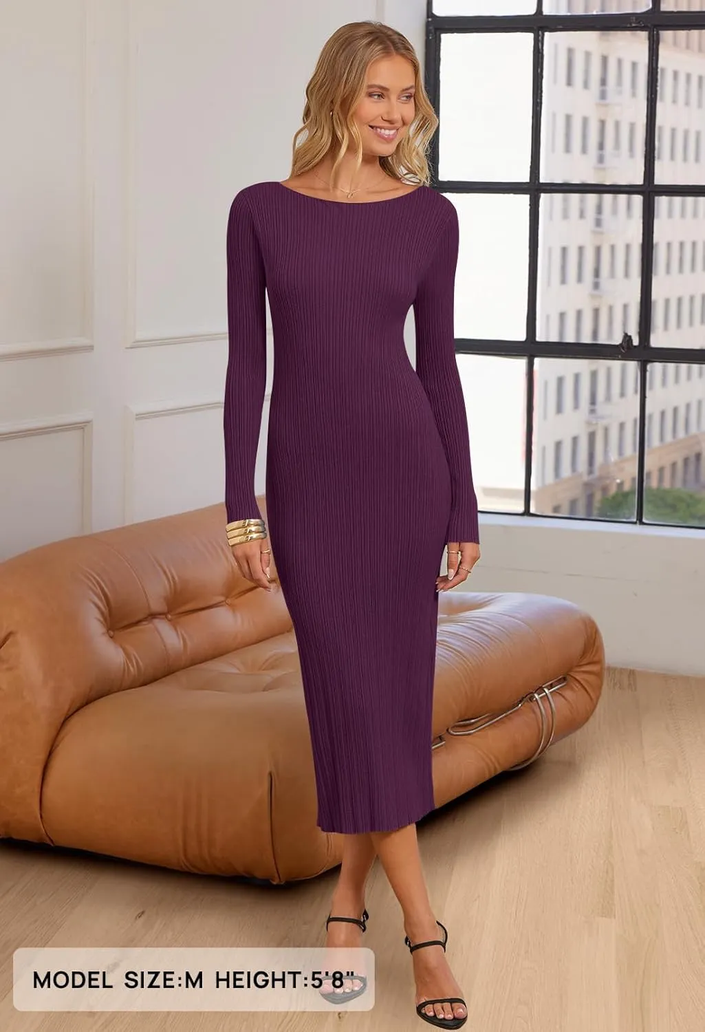 MEROKEETY Women's 2025 Long Sleeve Bodycon Sweater Dress Fall Crew Neck Ribbed Knit Maxi Dresses