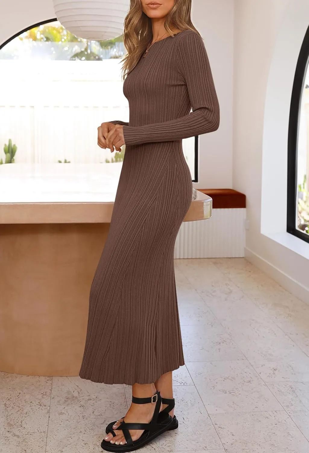 MEROKEETY Women's 2025 Long Sleeve Bodycon Sweater Dress Fall Crew Neck Ribbed Knit Maxi Dresses