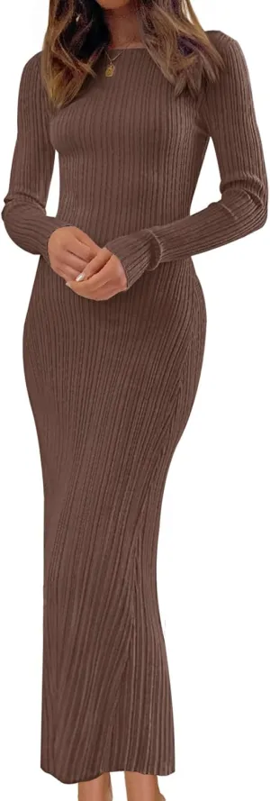 MEROKEETY Women's 2025 Long Sleeve Bodycon Sweater Dress Fall Crew Neck Ribbed Knit Maxi Dresses