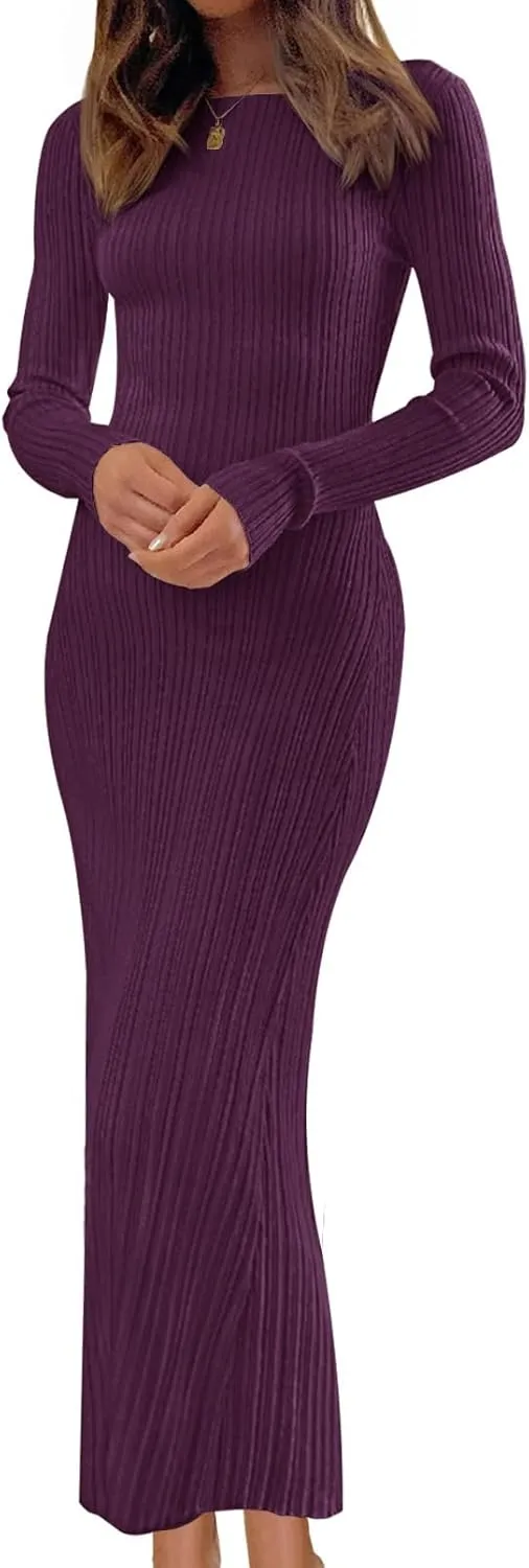 MEROKEETY Women's 2025 Long Sleeve Bodycon Sweater Dress Fall Crew Neck Ribbed Knit Maxi Dresses