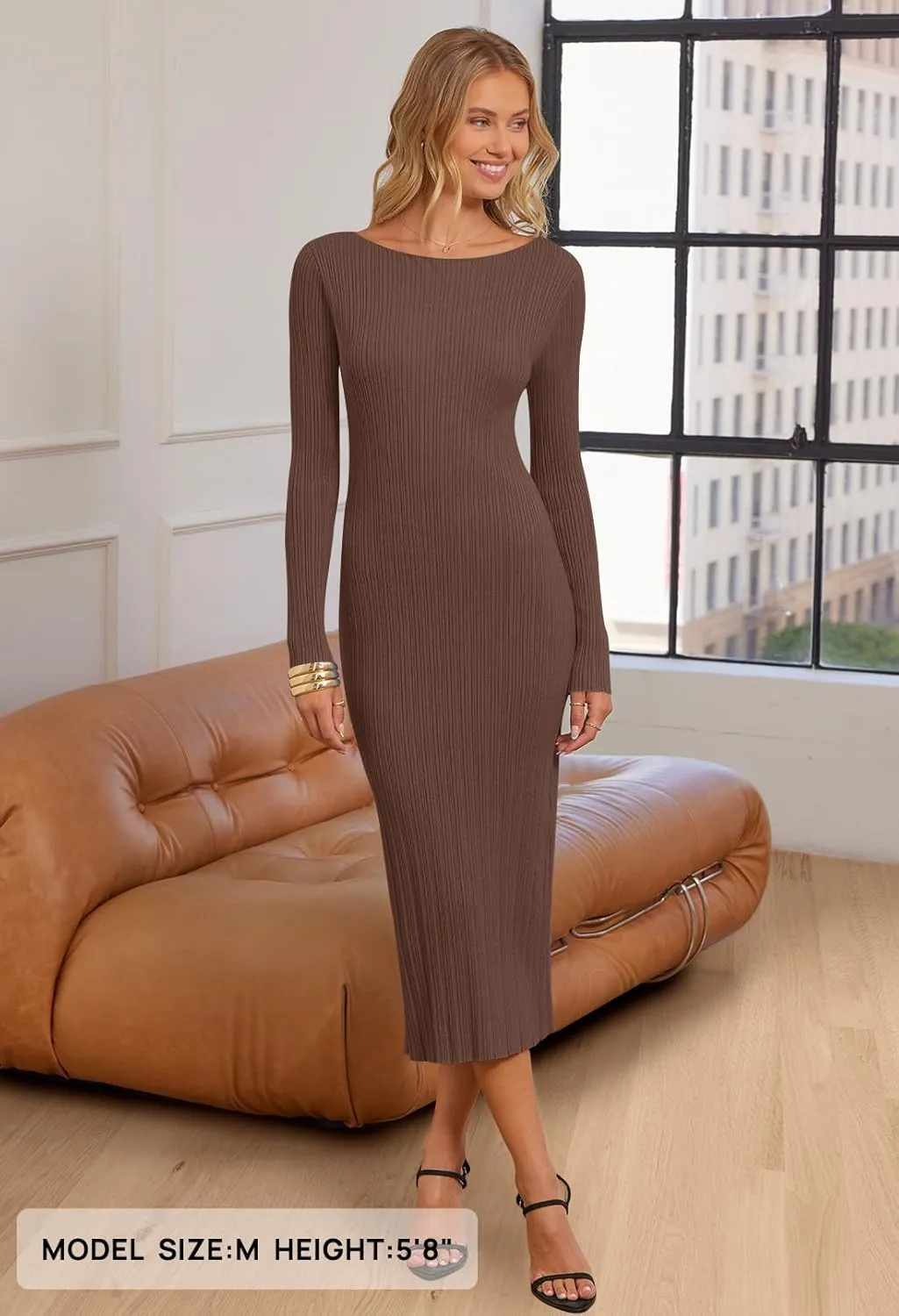 MEROKEETY Women's 2025 Long Sleeve Bodycon Sweater Dress Fall Crew Neck Ribbed Knit Maxi Dresses