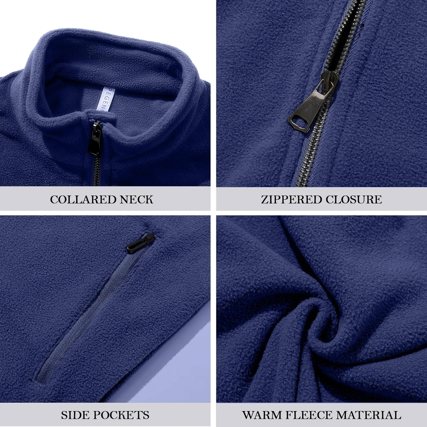 PEGENO Men's Fleece Jacket Classic Full Zip Stand Collar Lightweight Casual Soft Warm Coats With Zipper Pocket