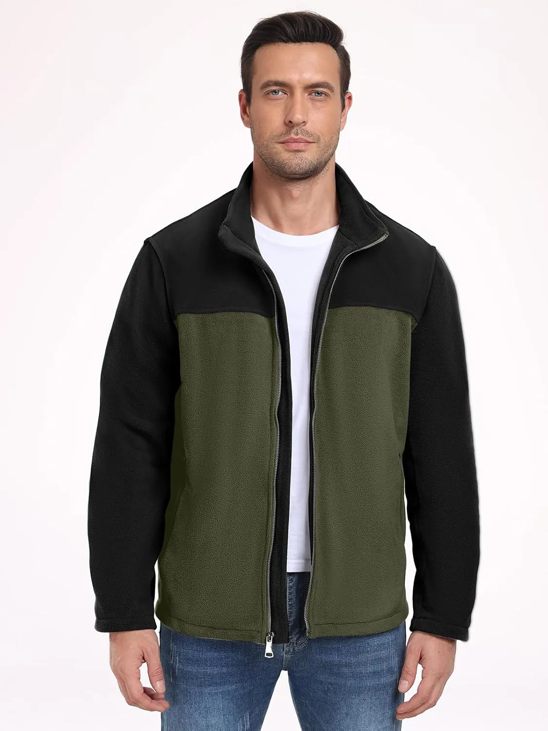 PEGENO Men's Fleece Jacket Classic Full Zip Stand Collar Lightweight Casual Soft Warm Coats With Zipper Pocket