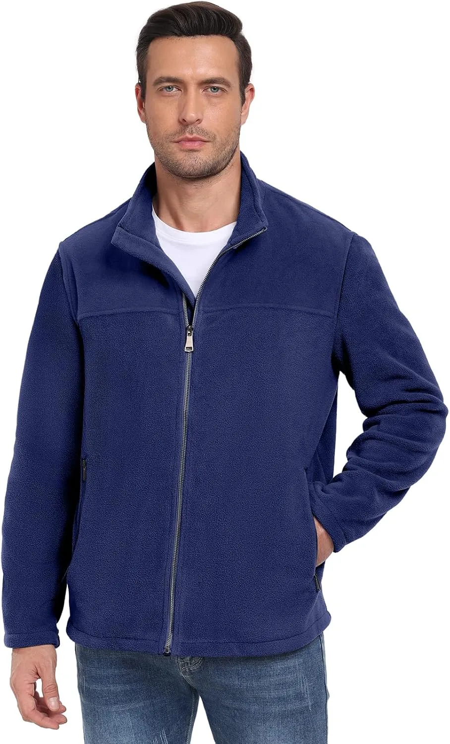 PEGENO Men's Fleece Jacket Classic Full Zip Stand Collar Lightweight Casual Soft Warm Coats With Zipper Pocket