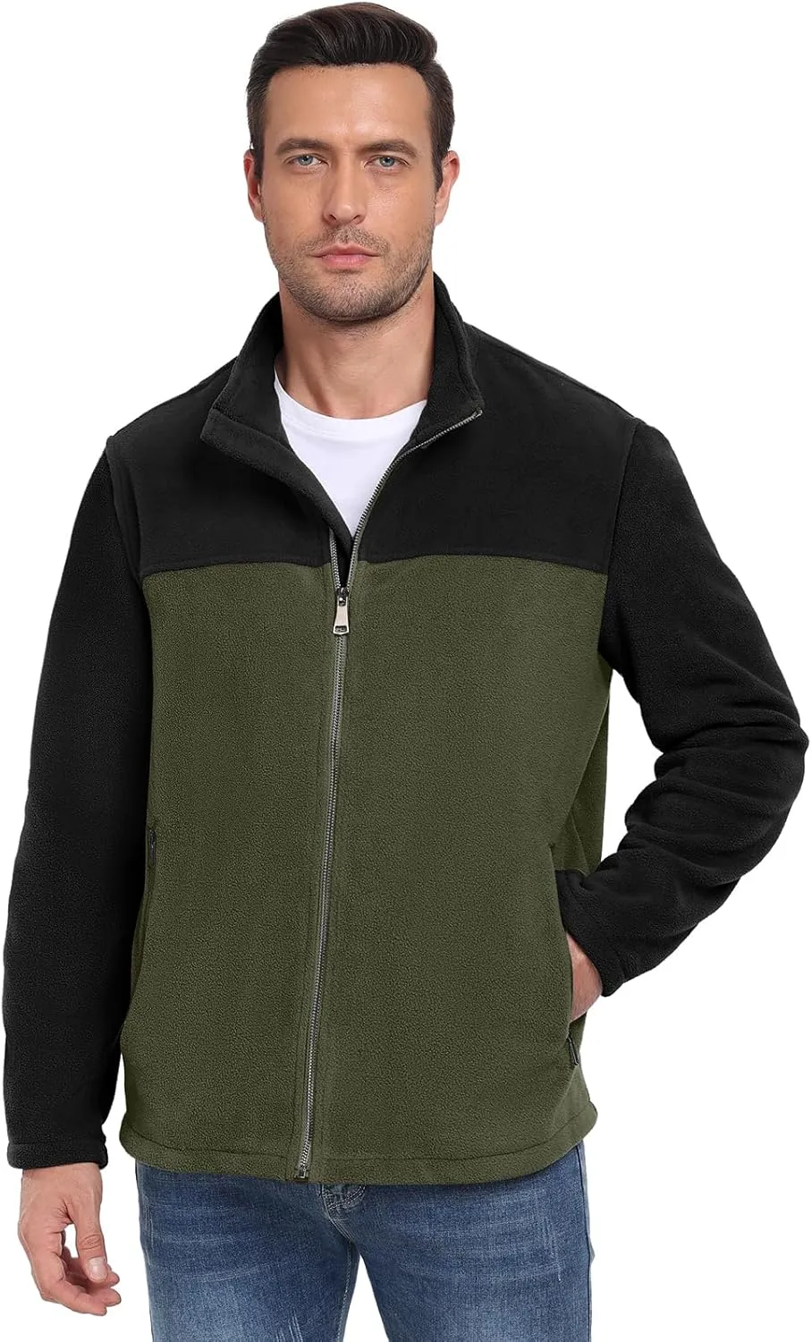 PEGENO Men's Fleece Jacket Classic Full Zip Stand Collar Lightweight Casual Soft Warm Coats With Zipper Pocket