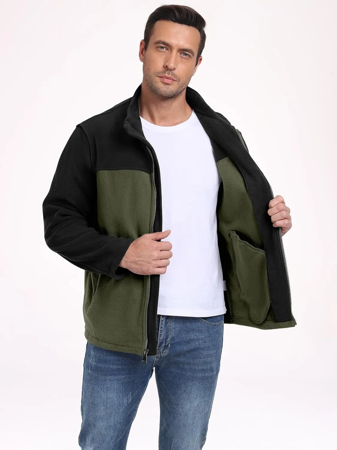 PEGENO Men's Fleece Jacket Classic Full Zip Stand Collar Lightweight Casual Soft Warm Coats With Zipper Pocket