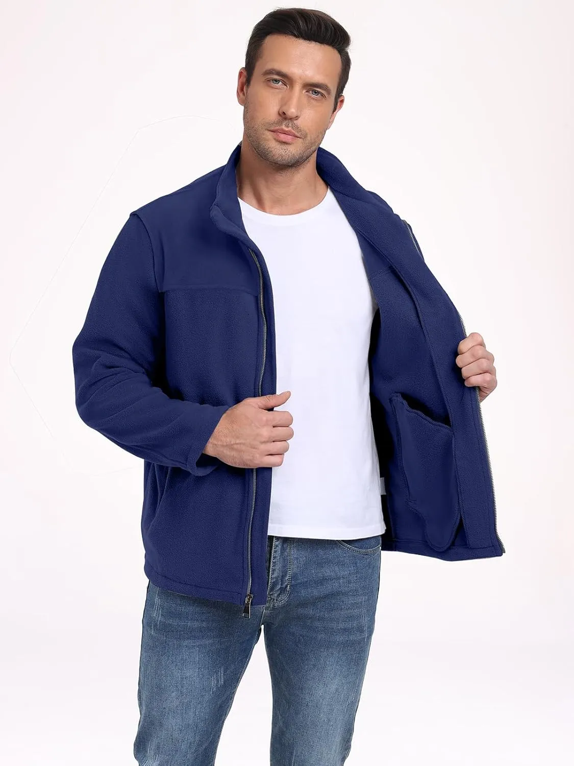 PEGENO Men's Fleece Jacket Classic Full Zip Stand Collar Lightweight Casual Soft Warm Coats With Zipper Pocket