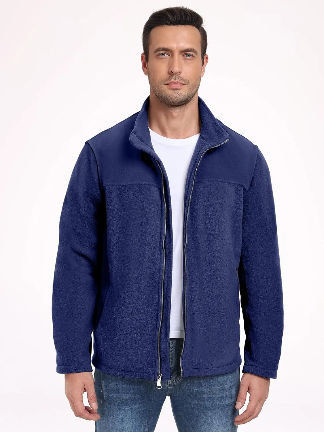 PEGENO Men's Fleece Jacket Classic Full Zip Stand Collar Lightweight Casual Soft Warm Coats With Zipper Pocket
