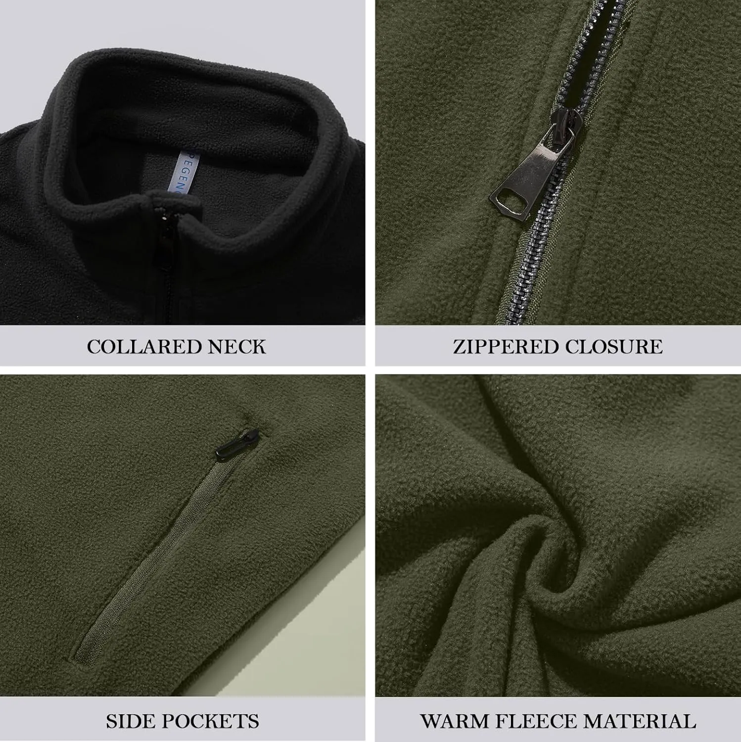 PEGENO Men's Fleece Jacket Classic Full Zip Stand Collar Lightweight Casual Soft Warm Coats With Zipper Pocket