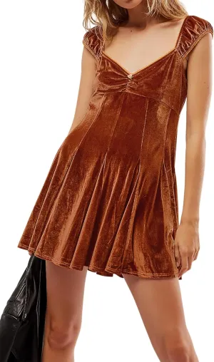 R.Vivimos Women's Fall Velvet Party Dress Sleeveless V Neck Empire Waist Elastic Fit and Flare Swing Mini Dress