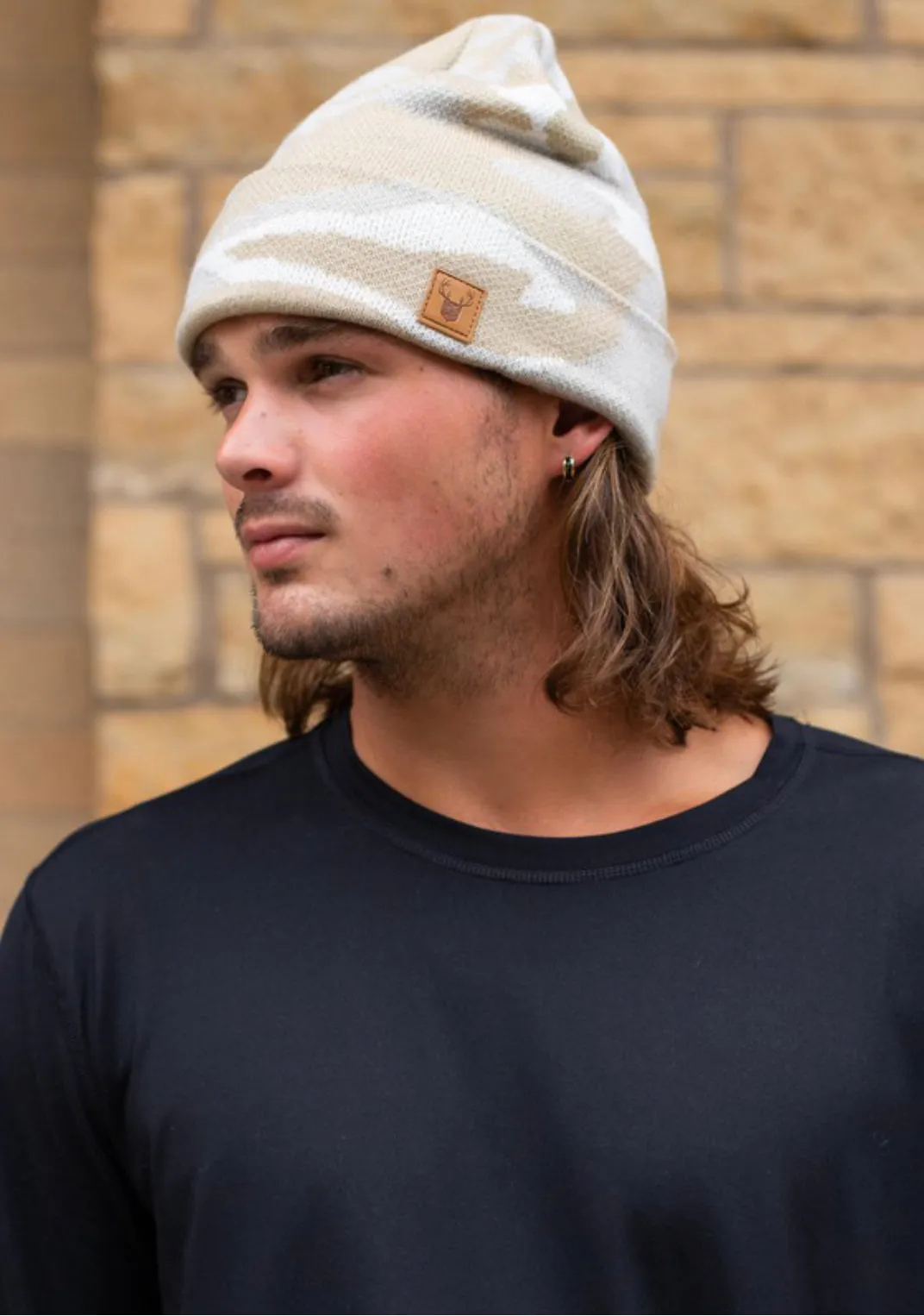 Tan Camo Knit Beanie With Cuff
