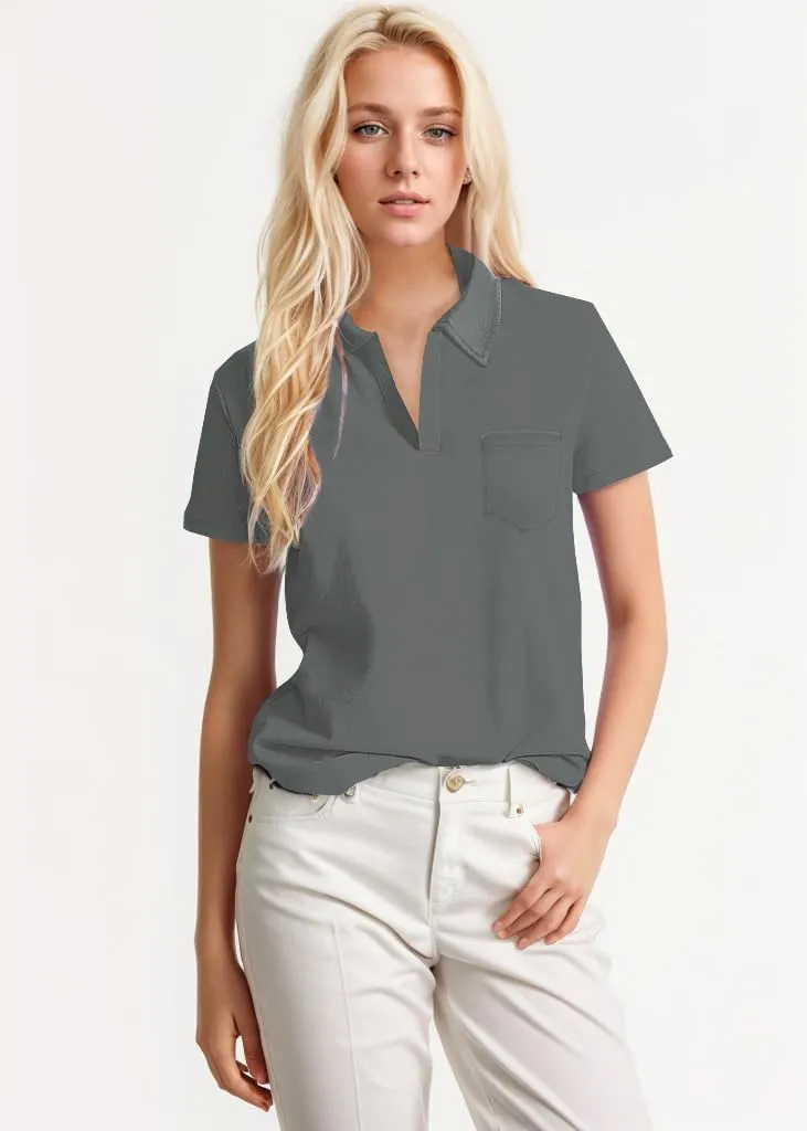 Women's Polo Shirts Collared Work Tops Short Sleeve Business Casual Dressy Blouses Summer Tops with Pocket