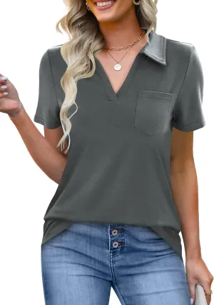 Women's Polo Shirts Collared Work Tops Short Sleeve Business Casual Dressy Blouses Summer Tops with Pocket