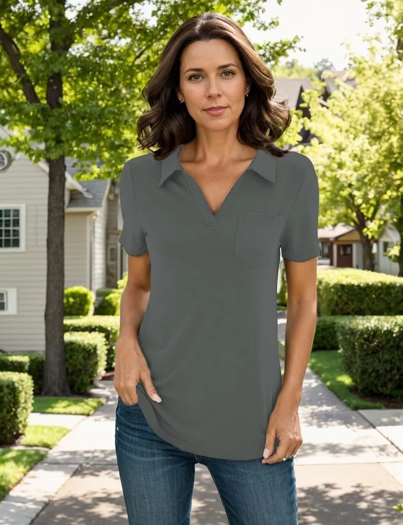 Women's Polo Shirts Collared Work Tops Short Sleeve Business Casual Dressy Blouses Summer Tops with Pocket