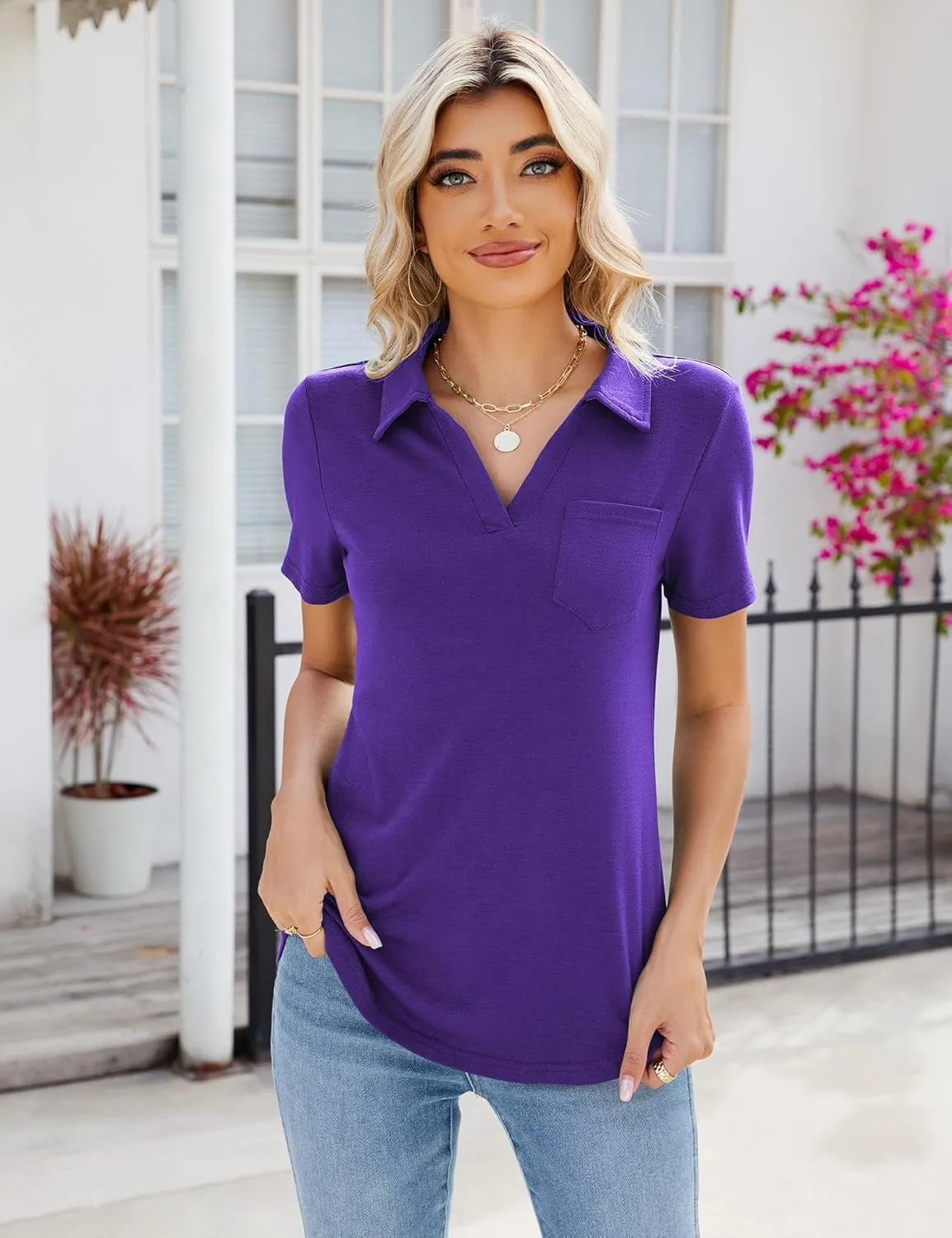 Women's Polo Shirts Collared Work Tops Short Sleeve Business Casual Dressy Blouses Summer Tops with Pocket