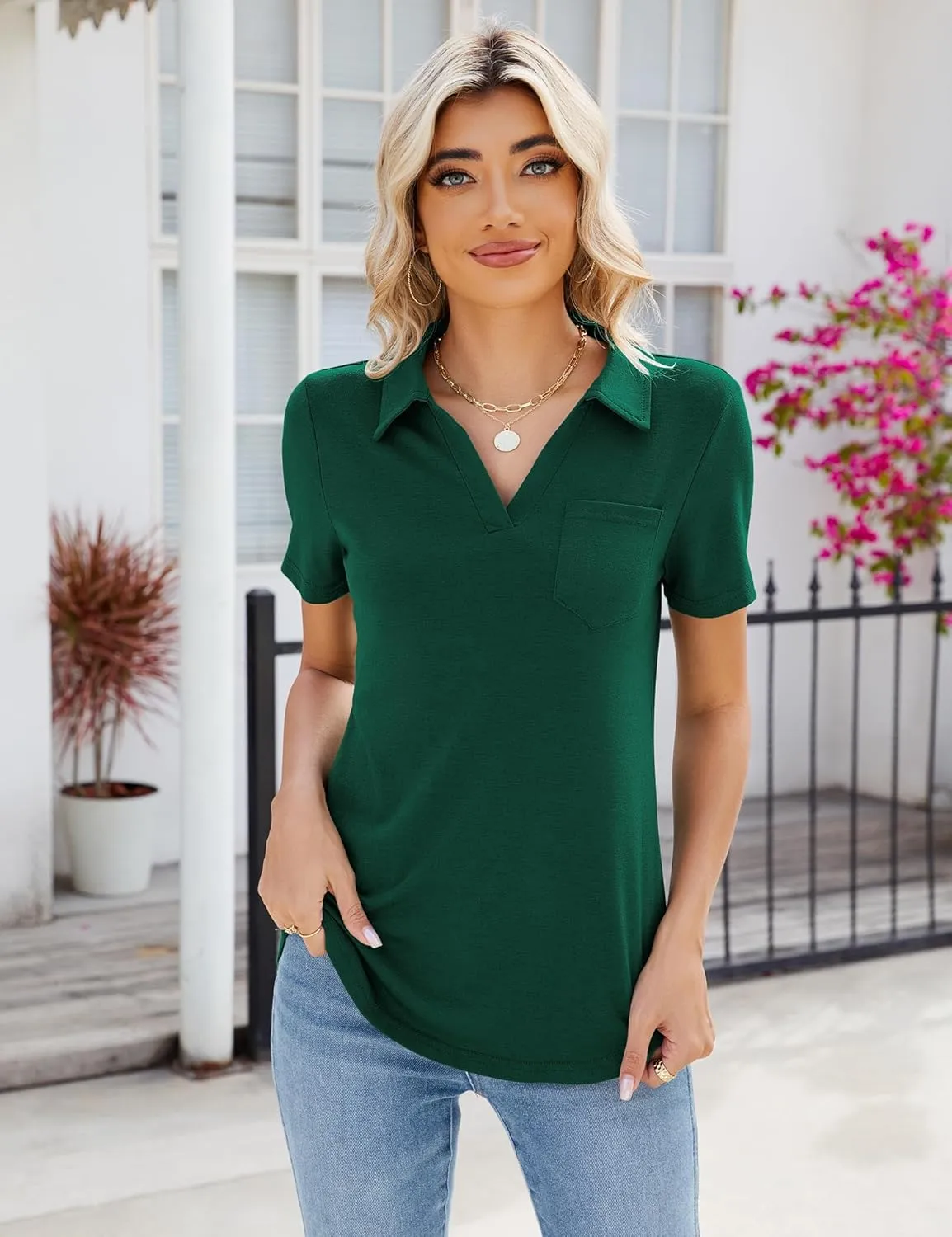 Women's Polo Shirts Collared Work Tops Short Sleeve Business Casual Dressy Blouses Summer Tops with Pocket