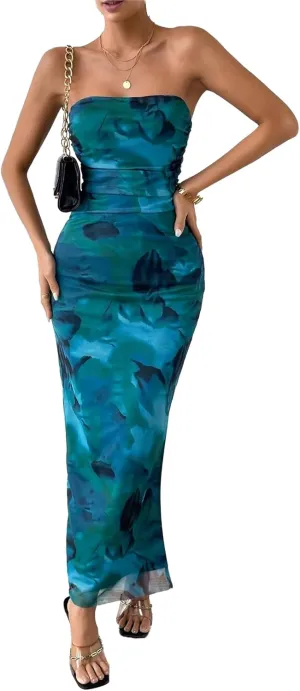 Women's Summer Strapless Dresses Maxi Bodycon Tube Top Dress Floral Beach Vacation Clothes for Women