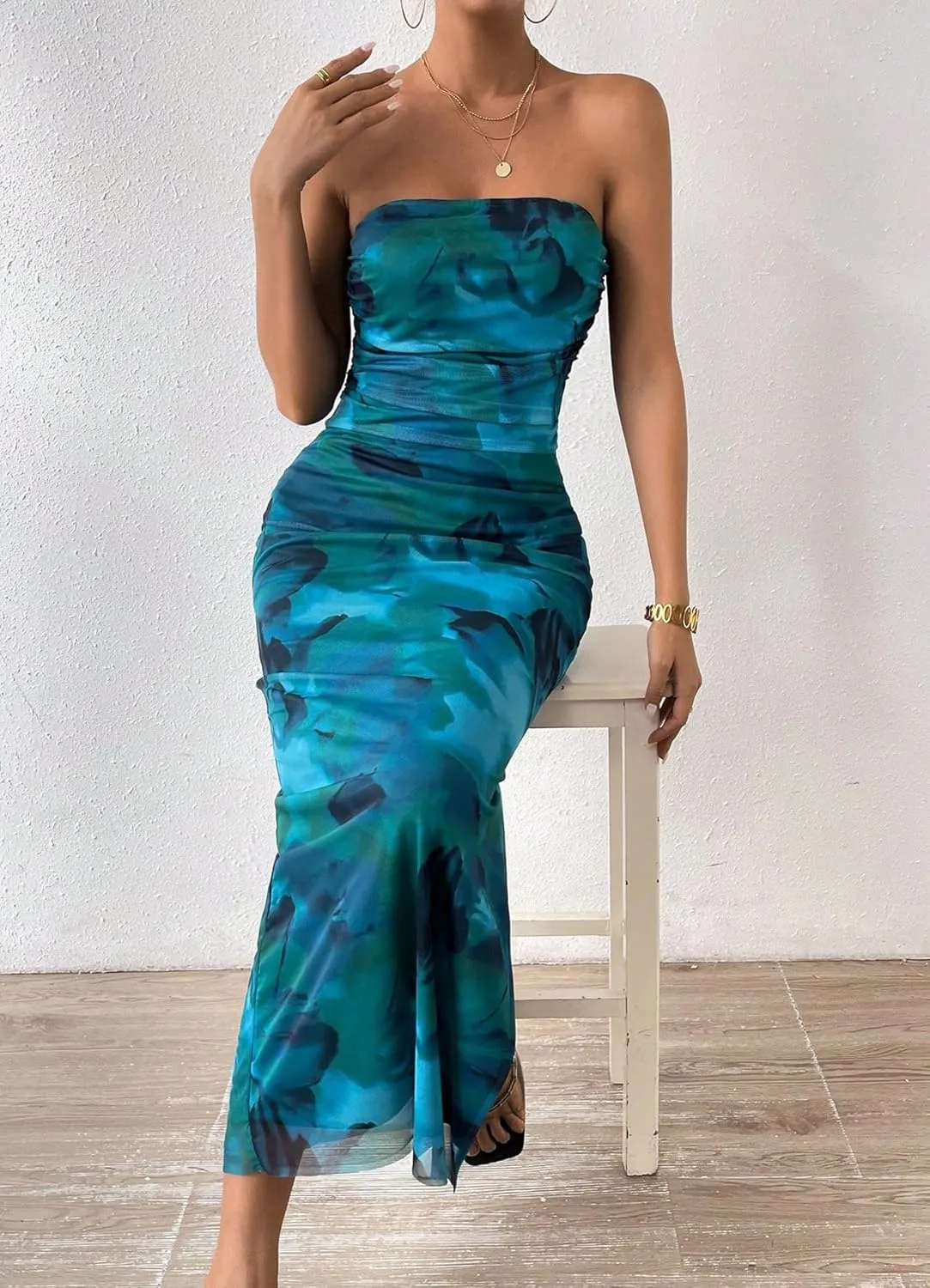 Women's Summer Strapless Dresses Maxi Bodycon Tube Top Dress Floral Beach Vacation Clothes for Women