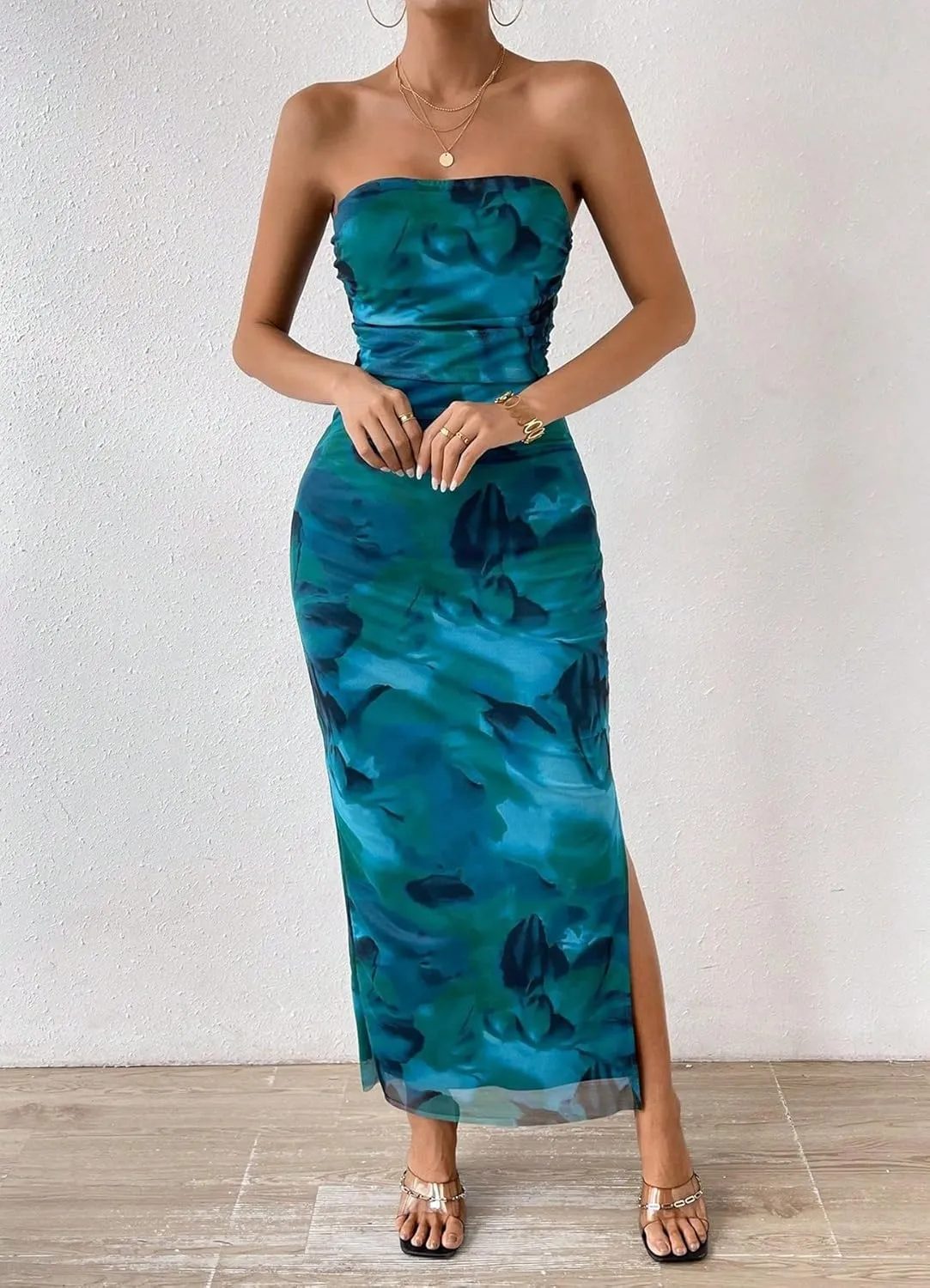 Women's Summer Strapless Dresses Maxi Bodycon Tube Top Dress Floral Beach Vacation Clothes for Women